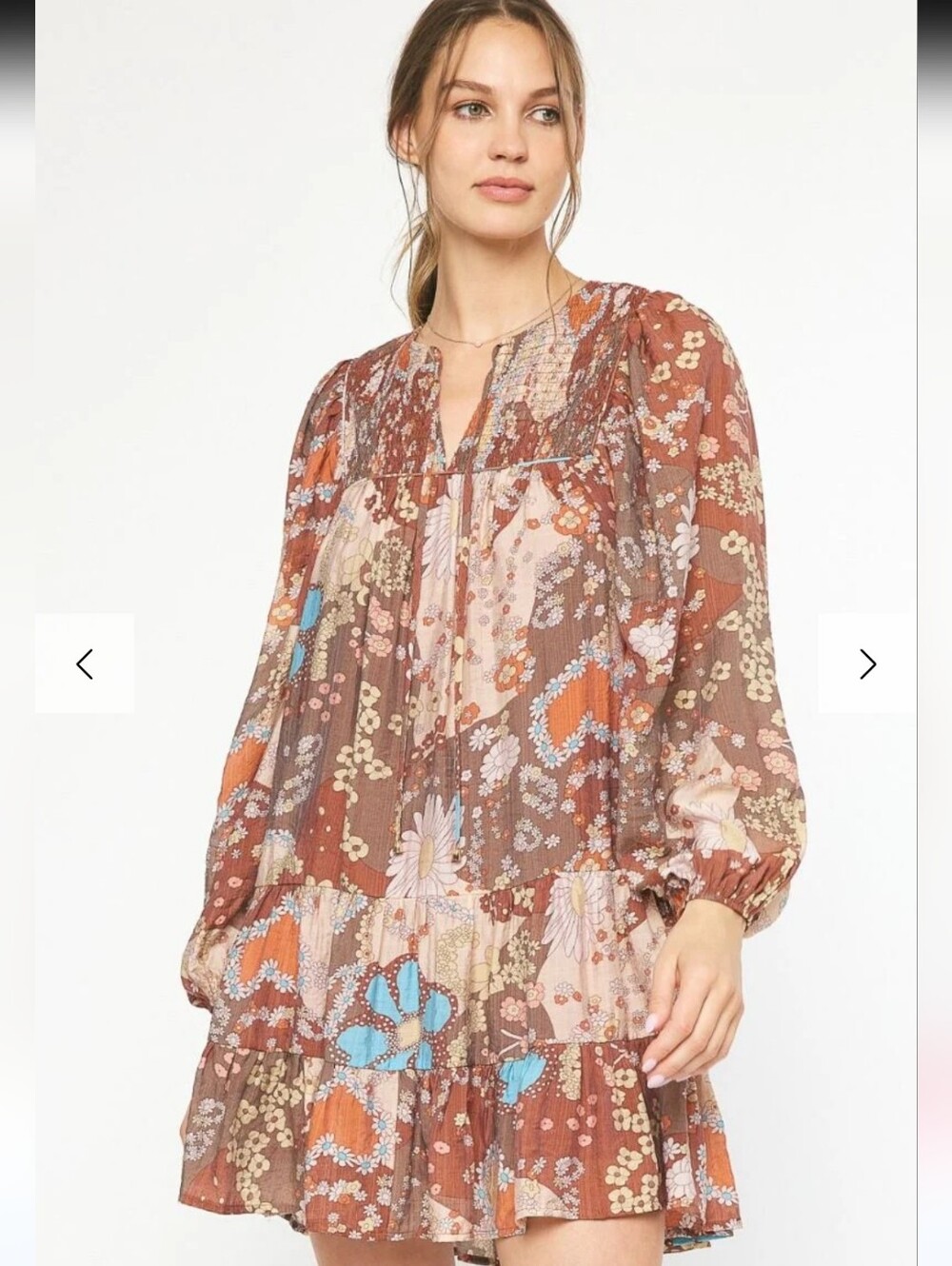 #74 entro Rust Floral Tiered Long-Sleeve Mini Dress with Teal Accents